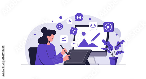 Digital artist at work with pen tablet and creative icons in modern workspace