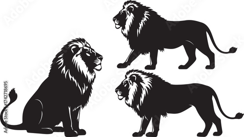 Illustration of three majestic lions in silhouette, vector illustration
