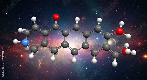 A molecular model of a complex molecule with a starry background.