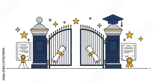 Celebratory gate with diplomas: graduation theme in linear style