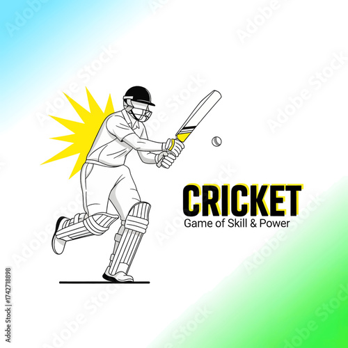 Dynamic cricket player batting with intense action and skill or power text vector