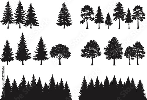 Silhouette tree collection with conifer and deciduous groupings, forest clusters, continuous tree lines, environmental illustration, outdoor landscape, natural concept art