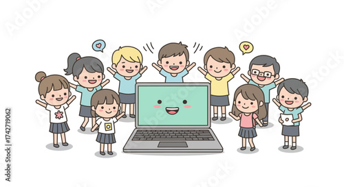 Cute cartoon kids celebrating around a smiling laptop with heart icons