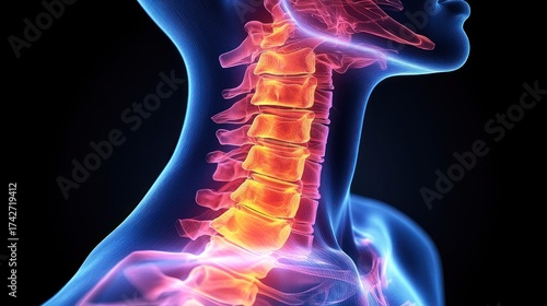 3D anatomical illustration of highlighted cervical spine
