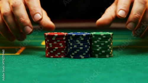 A poker player's hands push stacks of red blue and green chips to the center of a green felt table making an all in bet