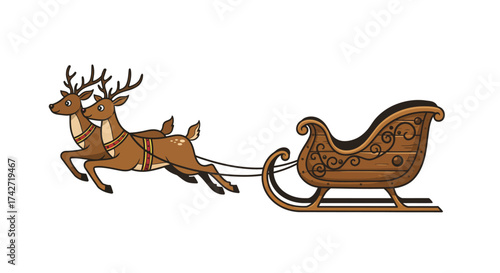 Festive reindeer pulling decorated sleigh on white background in cartoon style