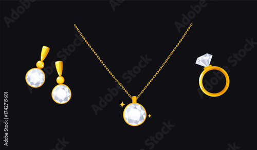 Vector illustration of golden jewelries with diamonds isolated on a black background, including a pair of earrings, a necklace, and a ring. 