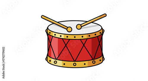 Red drum with sticks on white background: music and percussion icon