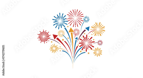 Colorful fireworks burst with red, blue, and yellow pyrotechnic display