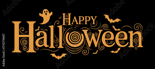 Happy halloween festive text design with spooky elements and vibrant colors vector