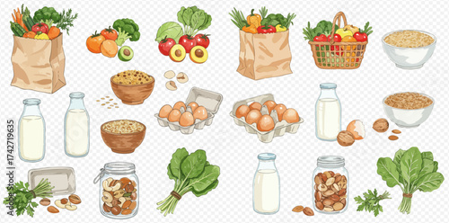 A comprehensive collection of fresh and healthy groceries, including vegetables, fruits, grains, dairy, eggs, and nuts, arranged on a white background.