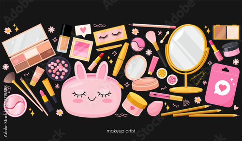 Vector art illustration of makeup products on a black background, with makeup bag, various cosmetics such as eyeshadow palettes, foundation, lipstick, mascara, brushes, a mirror, and other accessories