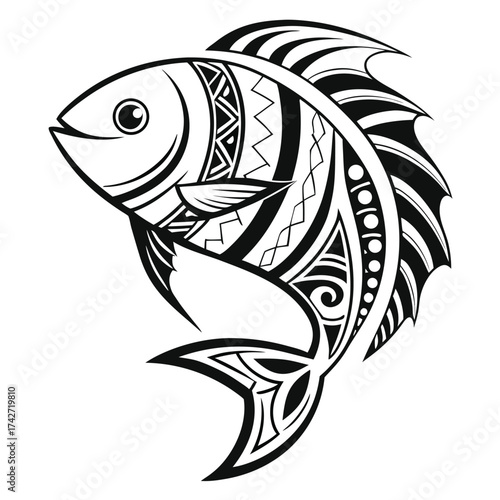 Black and white vector fish tattoo design with a tribal silhouette illustration on a white background