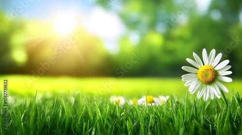Daisy flowers in meadow with sunlight, green grass, and blurred background