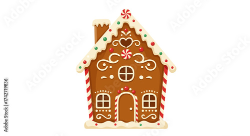 Whimsical gingerbread house with festive decor and candy accents
