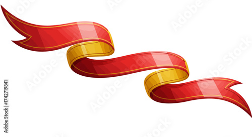 Colorful curved ribbon with gold trim on white background