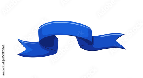 Blue ribbon with smooth curves and shadows on white background