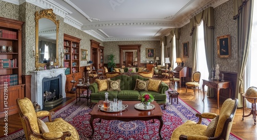 A grand, elegant living room with a fireplace, bookshelves, and ornate furniture.
