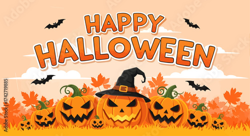 Spooky halloween celebration jack-o-lanterns pumpkins bats and autumn leaves festive scene vector