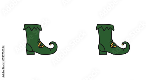 Cute elf boots with curled toes and festive trims on white background