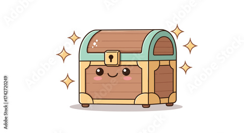 Cute kawaii treasure chest with smiling face and shiny stars