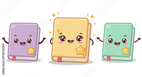 Cute cartoon books with happy faces and stars for kids' themes