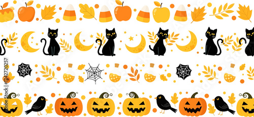 Whimsical halloween border pattern featuring black cats pumpkins crows and spooky elements vector