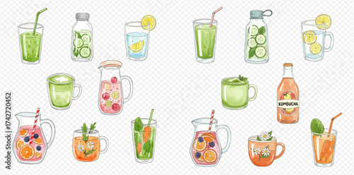 A vibrant collection of refreshing fruit and herb infused drinks in various glasses, bottles, and pitchers, perfect for hydration and wellness.