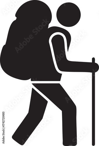 Hiker with backpack and trekking pole icon isolated on white background