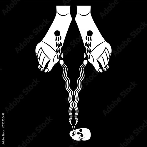 Bleeding feet of Jesus Christ and human skull. Christian symbol of sin and redemption. Black and white silhouette.