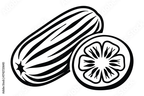 Monochrome of a Melon With a Half Slice on a White Background