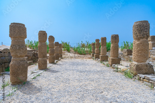 Calle con columnas de época romana a los lados y dunas de arena con vegetación al fondo un día soleado con cielo azul y espacio para texto.