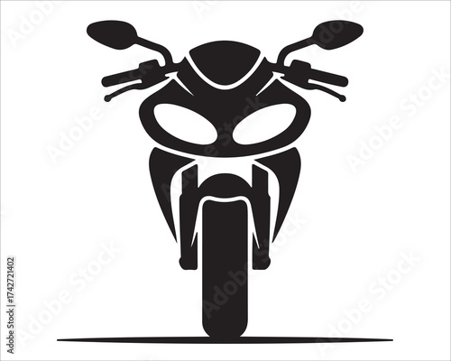 Front view of black sport motorcycle icon isolated on white background, modern motorbike silhouette vector illustration, transportation symbol for speed, racing, and automotive design concept