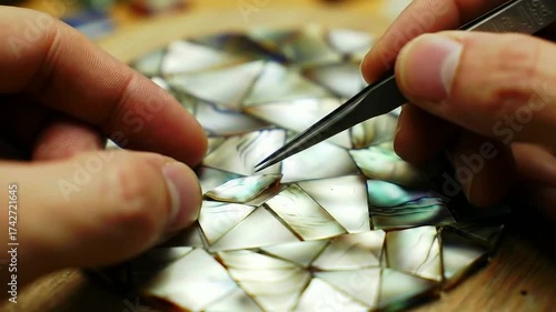 A close-up shows an artisan's hands using tweezers to precisely place a piece of iridescent mother of pearl into an intricate mosaic