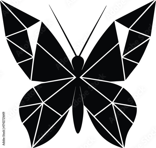 Geometric butterfly silhouette with sharp edges and angular wings isolated on white background isolated on transparent background
