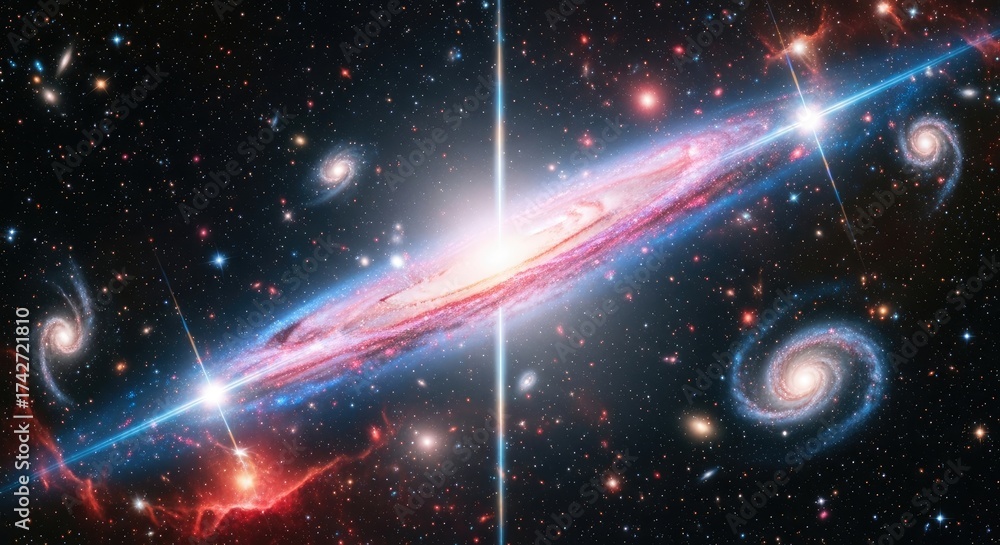 Obraz premium A vibrant galaxy with a central bright star and multiple smaller stars and galaxies in the background.
