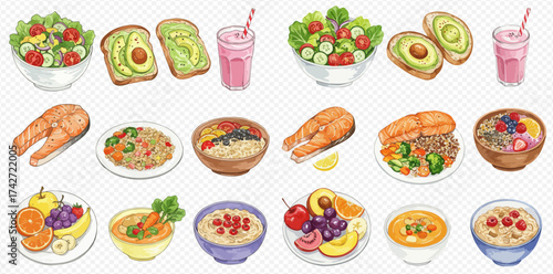 A vibrant collection of healthy and nutritious food items including salads, avocado toast, salmon, fruit, and grain bowls, perfect for a balanced diet.