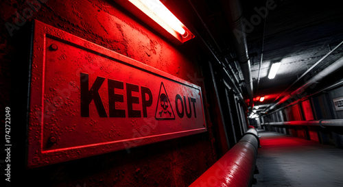 Danger Zone Illuminated: A Red Lit Tunnel with Keep Out Warning Sign