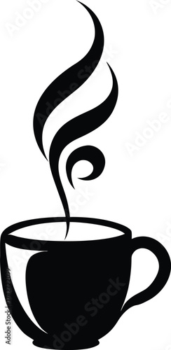 Stylized black silhouette of a steaming coffee cup with swirling vapor isolated on white background isolated on transparent background
