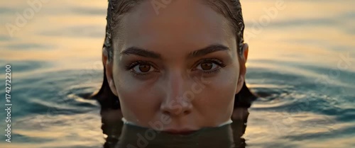 Serene woman half submerged in water during sunset