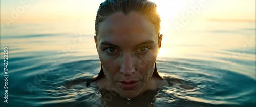 Determined woman emerging from water at sunset with sunlight glowing behind