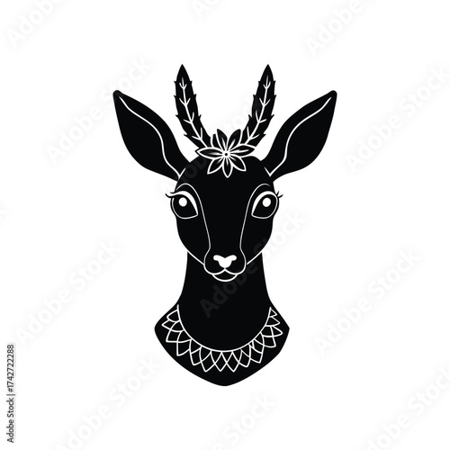 Dik dik head with tiny flower crown and leafy necklace vector art illustration
