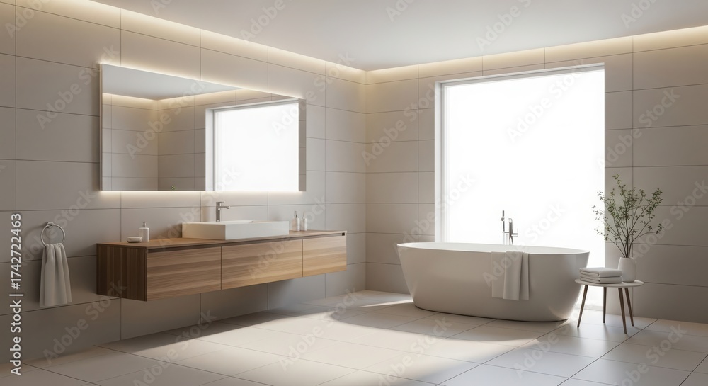Fototapeta premium Elegant modern bathroom design with a floating vanity spacious bathtub natural light and minimalist decor creating a serene spa-like atmosphere