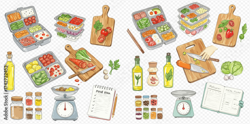 Detailed watercolor illustration of kitchen essentials for meal preparation, including food containers, cutting boards, spices, and recipe books.