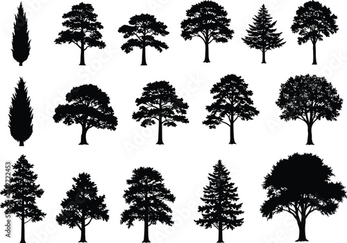 Silhouette tree collection with diverse species, botanical shapes, conifer and deciduous forms, landscape design elements, environmental illustration, nature concept art