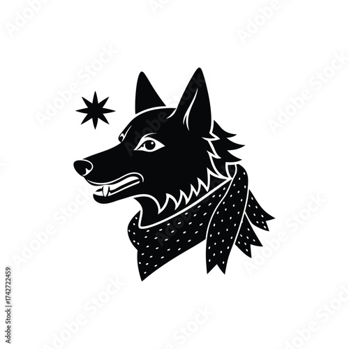 Dire wolf head with icy breath snowflakes and scarf vector art illustration