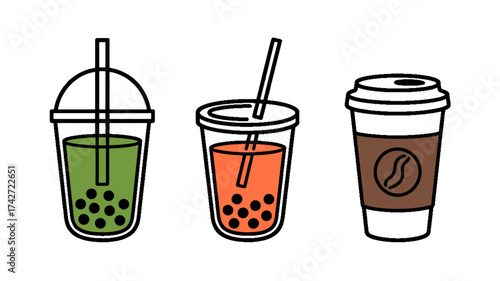 Bubble tea and coffee cups line art illustration of popular beverages. 