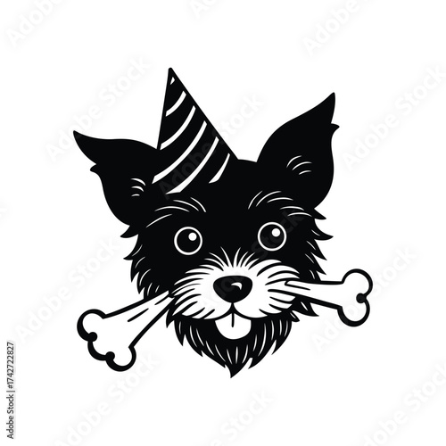 Dorkie head wearing party hat holding toy bone vector art illustration