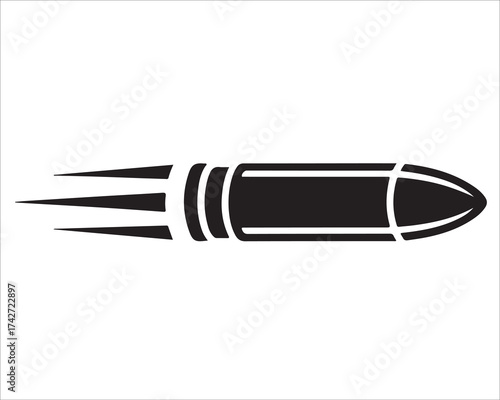 Black flying bullet icon isolated on white background, fast motion vector illustration symbolizing speed, power, ammunition, projectile, weapon concept, and ballistics design