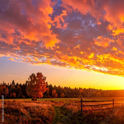 Golden sunset illuminates clouds, a field, and a solitary tree